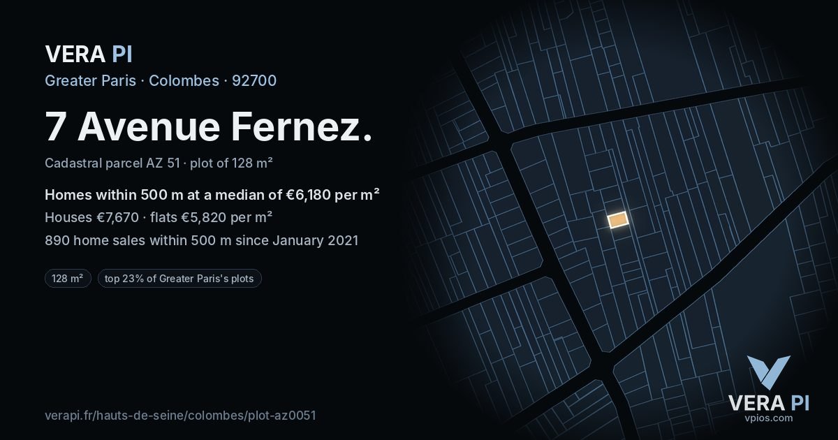 7 Avenue Fernez, Colombes at night – the plot lit, the parcels around coloured by the prices near them