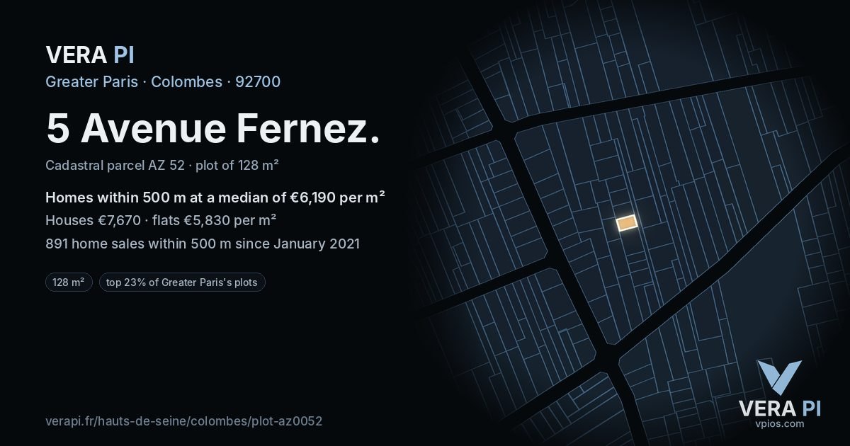 5 Avenue Fernez, Colombes at night – the plot lit, the parcels around coloured by the prices near them