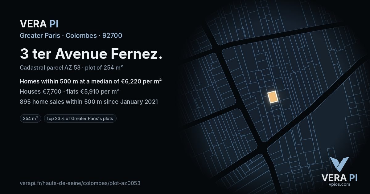 3 ter Avenue Fernez, Colombes at night – the plot lit, the parcels around coloured by the prices near them