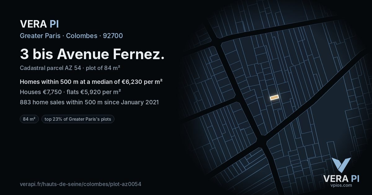 3 bis Avenue Fernez, Colombes at night – the plot lit, the parcels around coloured by the prices near them