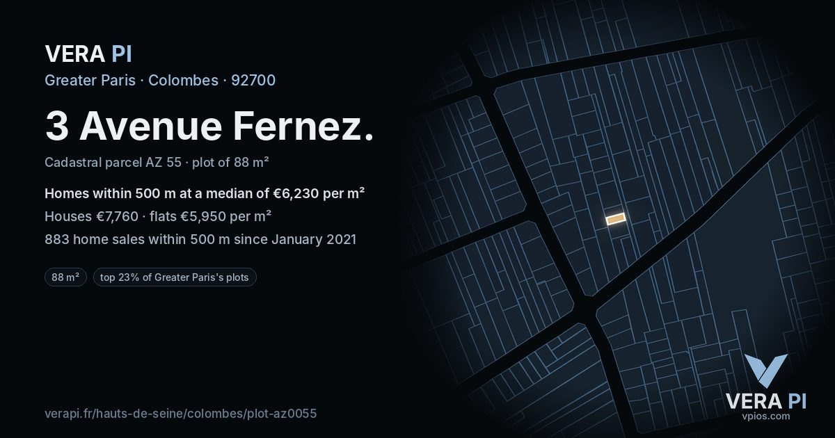 3 Avenue Fernez, Colombes at night – the plot lit, the parcels around coloured by the prices near them