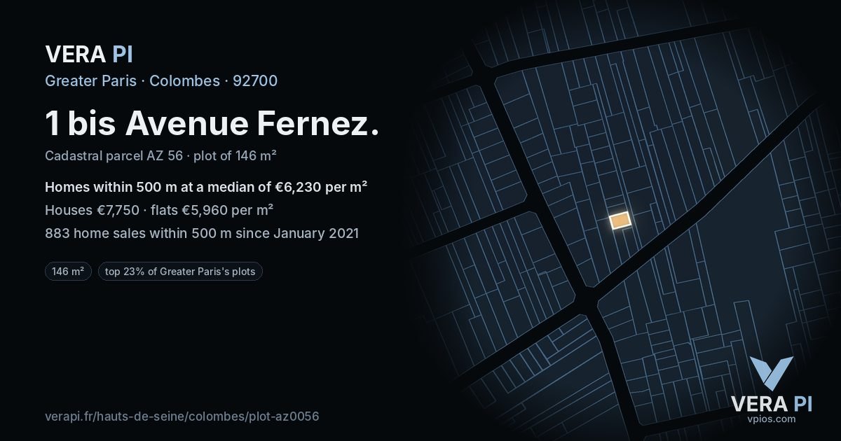 1 bis Avenue Fernez, Colombes at night – the plot lit, the parcels around coloured by the prices near them