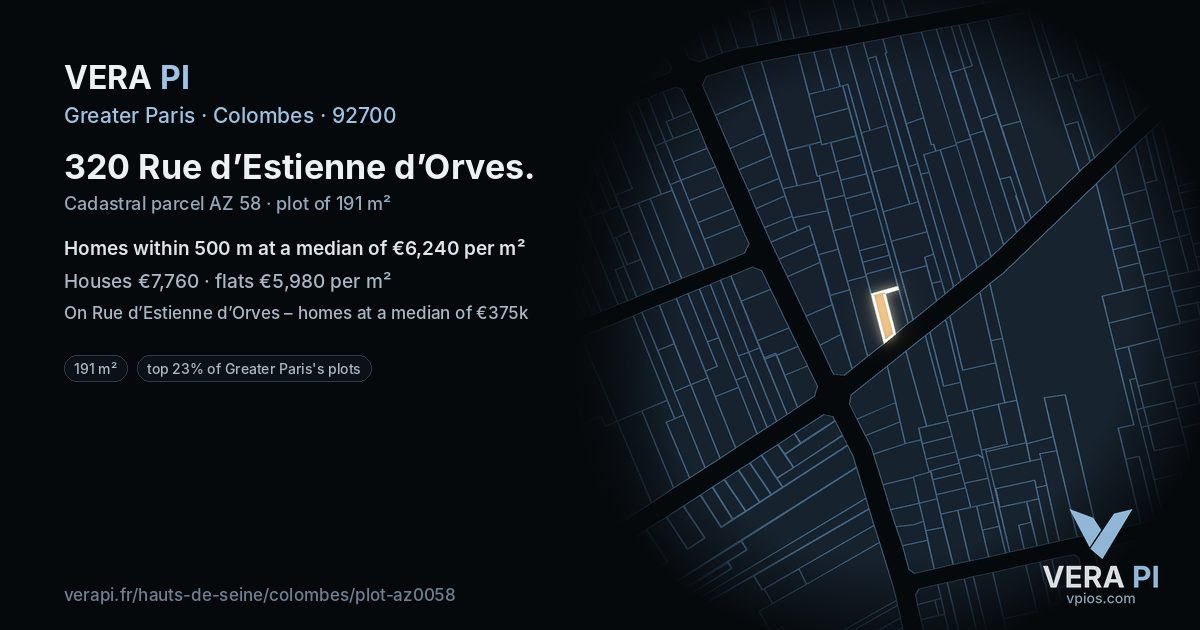 320 Rue d’Estienne d’Orves, Colombes at night – the plot lit, the parcels around coloured by the prices near them