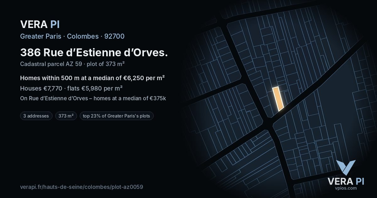 386 Rue d’Estienne d’Orves, Colombes at night – the plot lit, the parcels around coloured by the prices near them