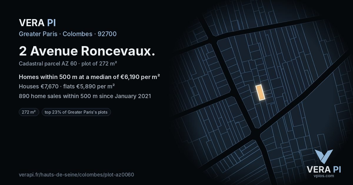 2 Avenue Roncevaux, Colombes at night – the plot lit, the parcels around coloured by the prices near them
