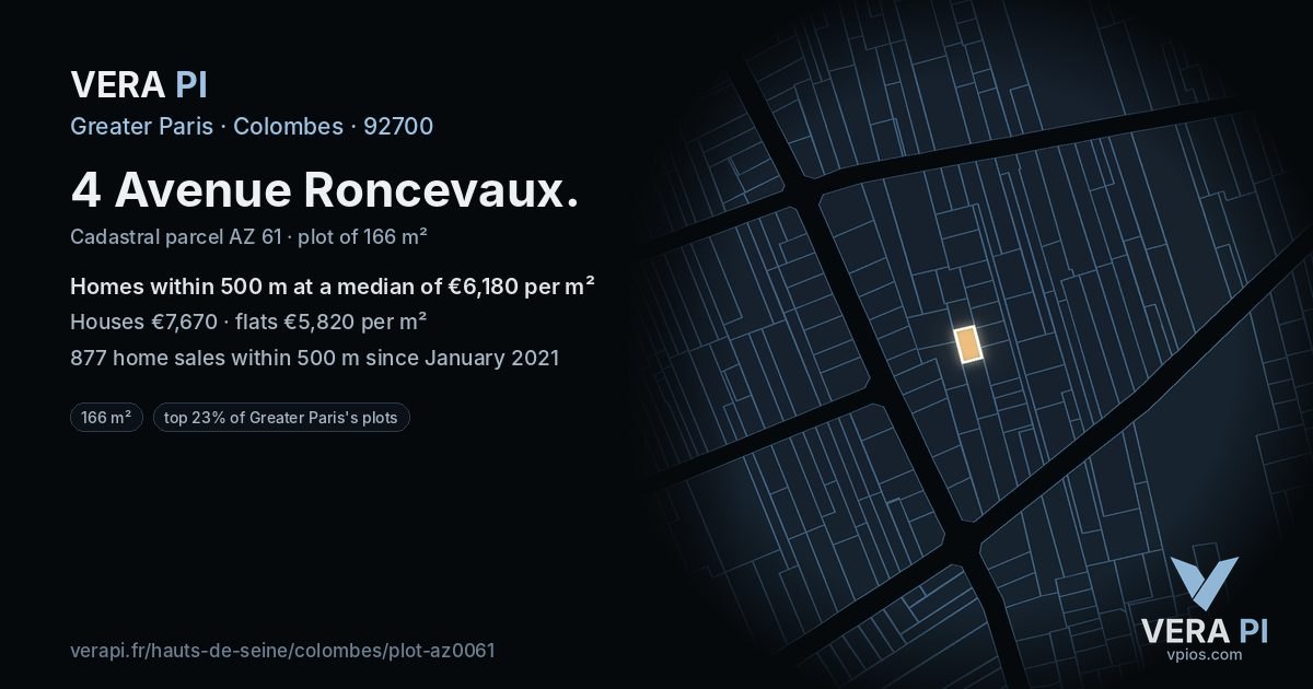4 Avenue Roncevaux, Colombes at night – the plot lit, the parcels around coloured by the prices near them