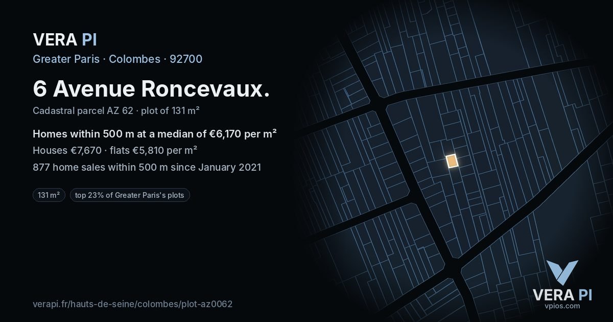 6 Avenue Roncevaux, Colombes at night – the plot lit, the parcels around coloured by the prices near them