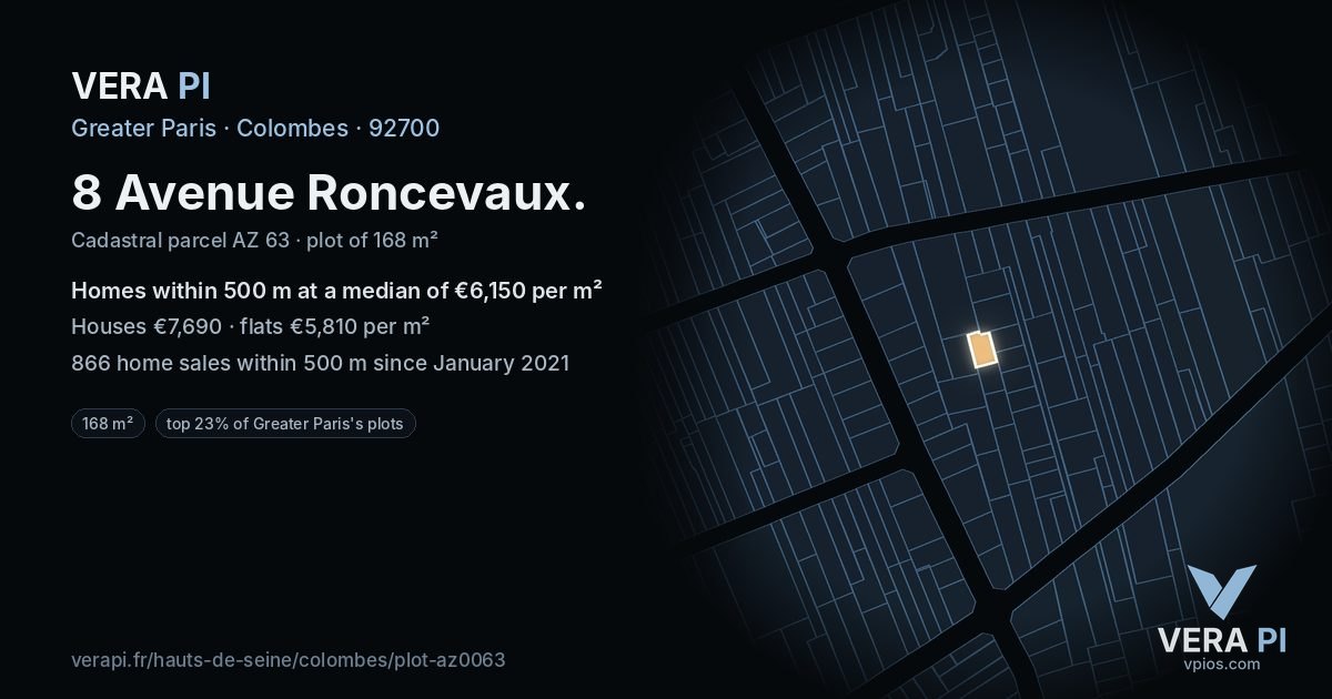 8 Avenue Roncevaux, Colombes at night – the plot lit, the parcels around coloured by the prices near them