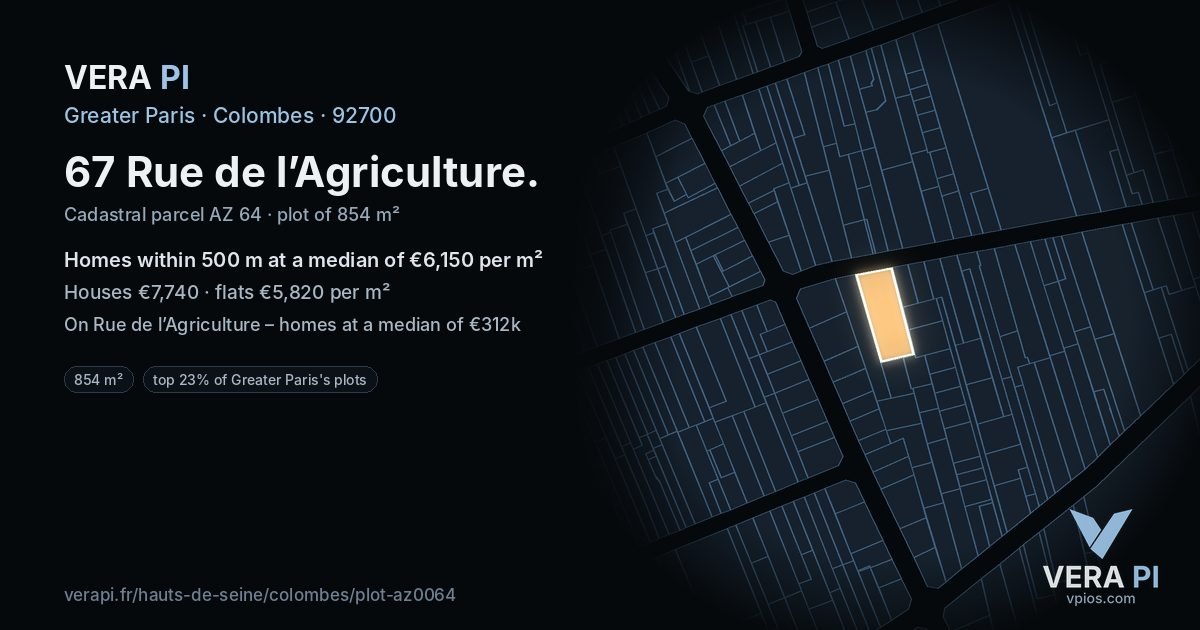 67 Rue de l’Agriculture, Colombes at night – the plot lit, the parcels around coloured by the prices near them