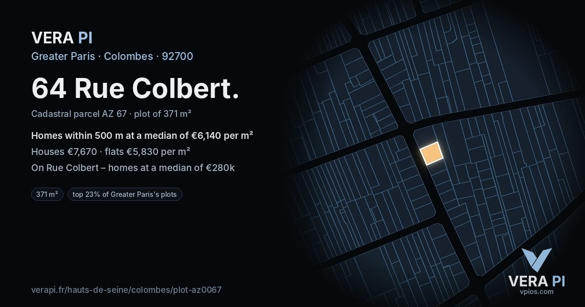 64 Rue Colbert, Colombes at night – the plot lit, the parcels around coloured by the prices near them