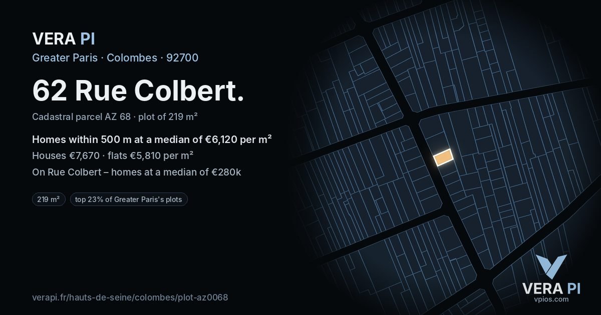 62 Rue Colbert, Colombes at night – the plot lit, the parcels around coloured by the prices near them