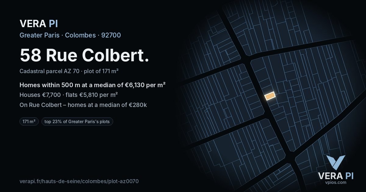 58 Rue Colbert, Colombes at night – the plot lit, the parcels around coloured by the prices near them