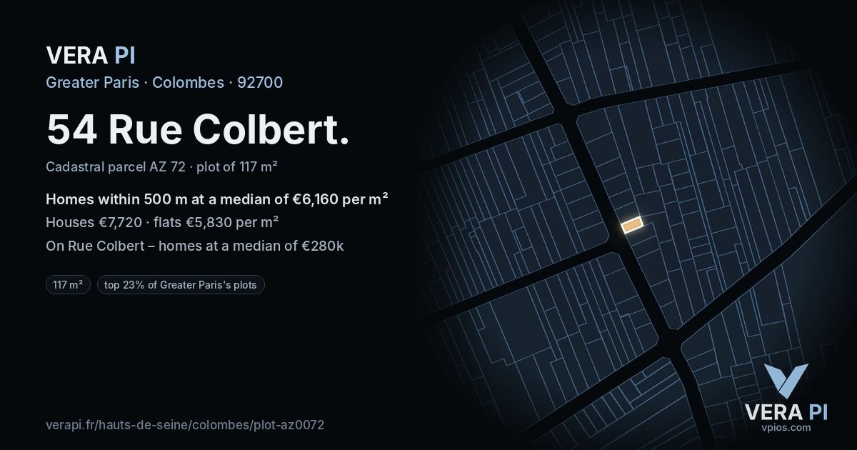 54 Rue Colbert, Colombes at night – the plot lit, the parcels around coloured by the prices near them