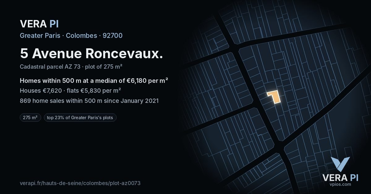 5 Avenue Roncevaux, Colombes at night – the plot lit, the parcels around coloured by the prices near them