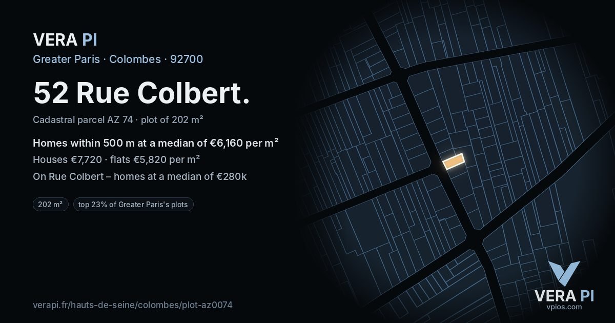 52 Rue Colbert, Colombes at night – the plot lit, the parcels around coloured by the prices near them