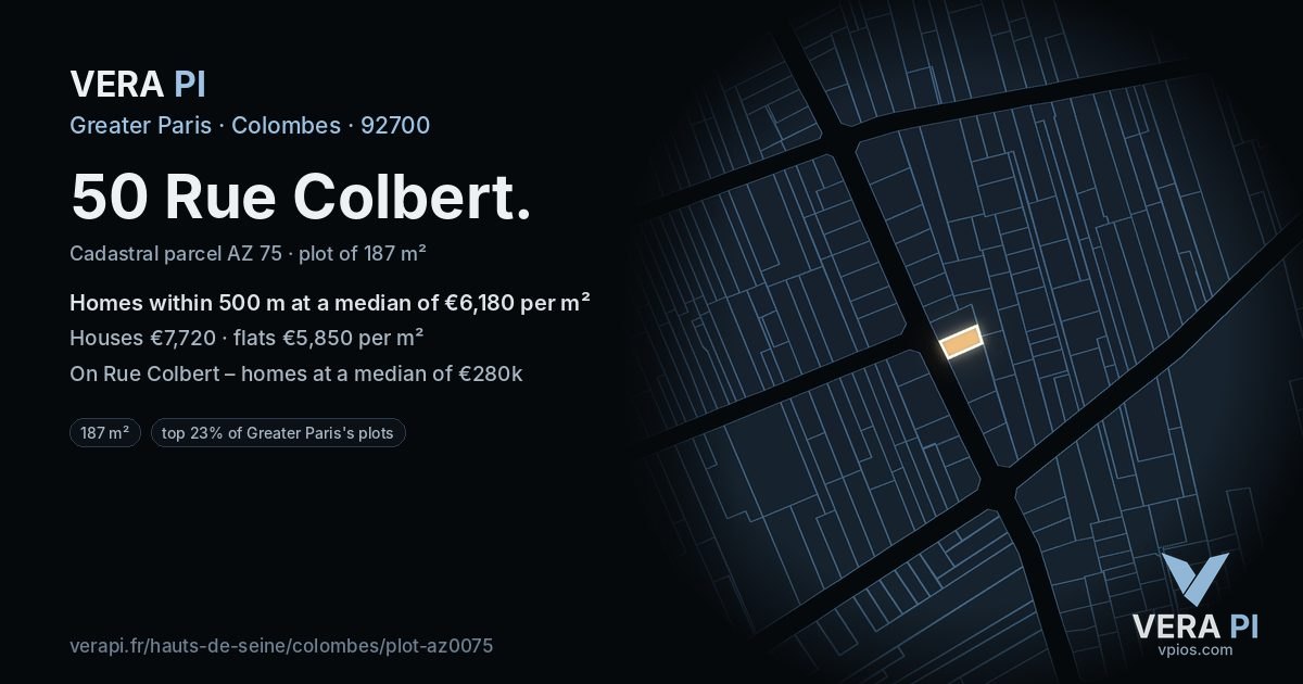 50 Rue Colbert, Colombes at night – the plot lit, the parcels around coloured by the prices near them