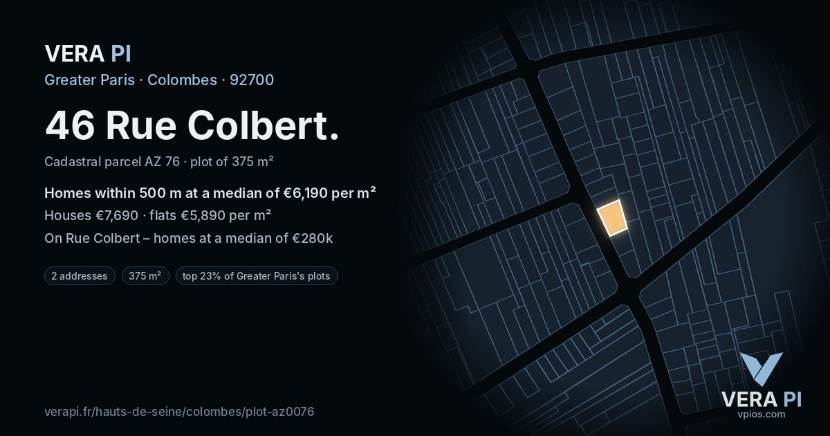 46 Rue Colbert, Colombes at night – the plot lit, the parcels around coloured by the prices near them