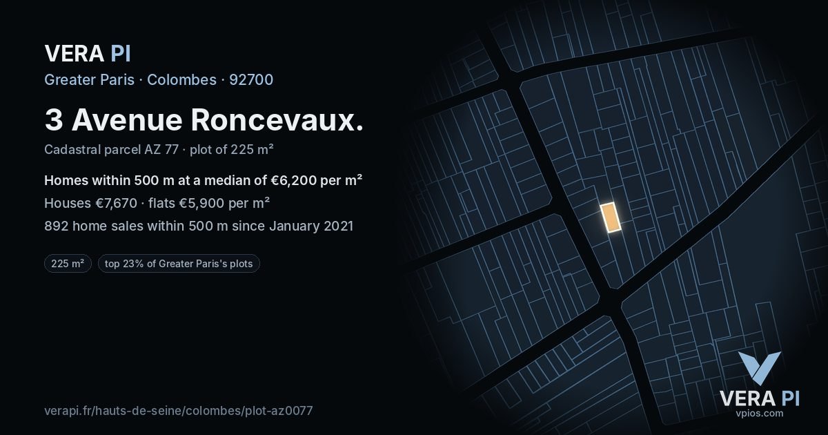 3 Avenue Roncevaux, Colombes at night – the plot lit, the parcels around coloured by the prices near them