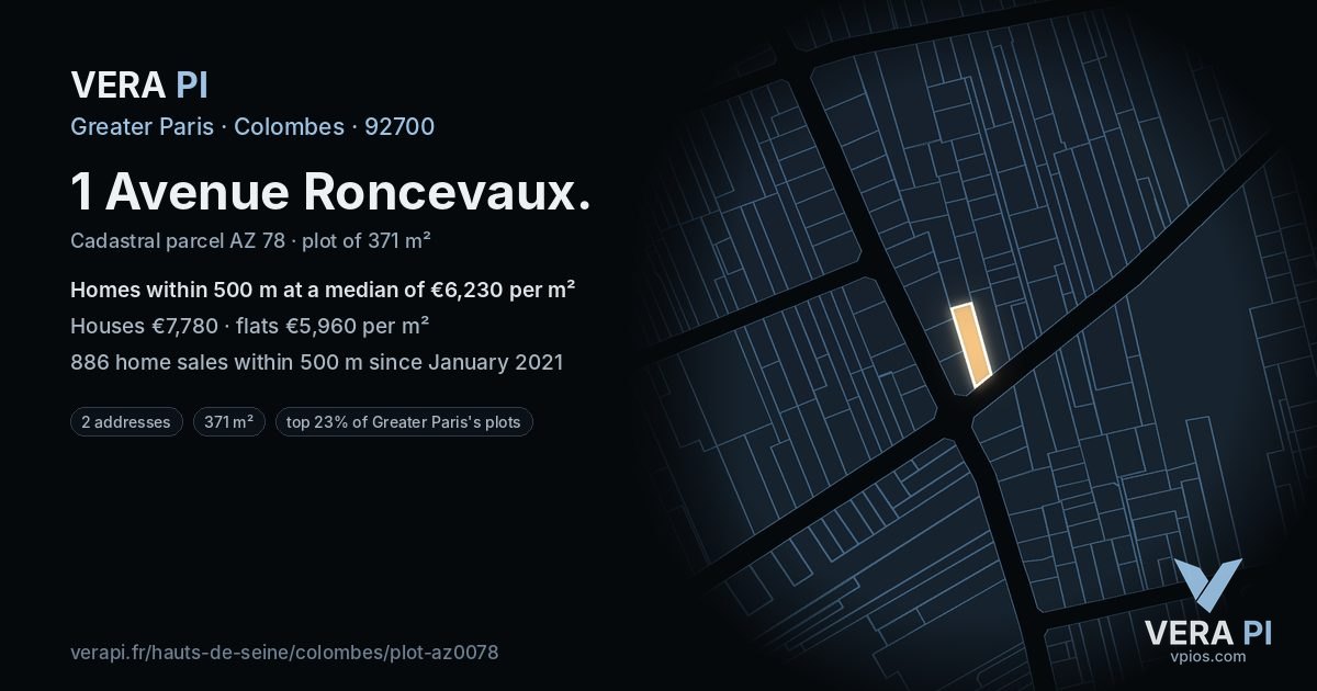 1 Avenue Roncevaux, Colombes at night – the plot lit, the parcels around coloured by the prices near them