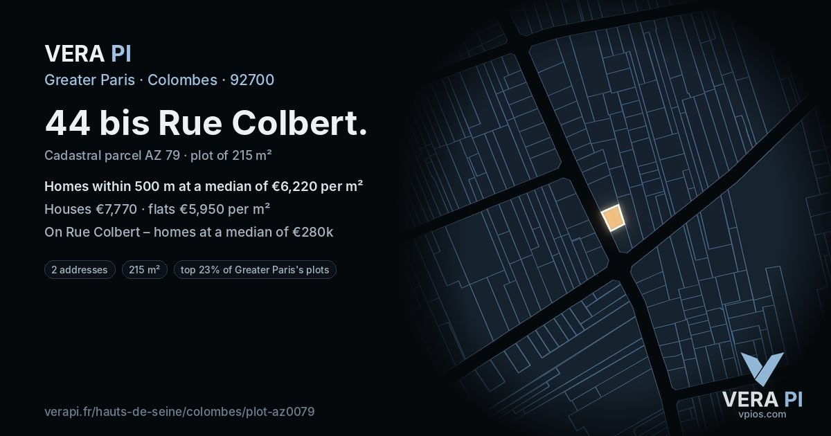 44 bis Rue Colbert, Colombes at night – the plot lit, the parcels around coloured by the prices near them