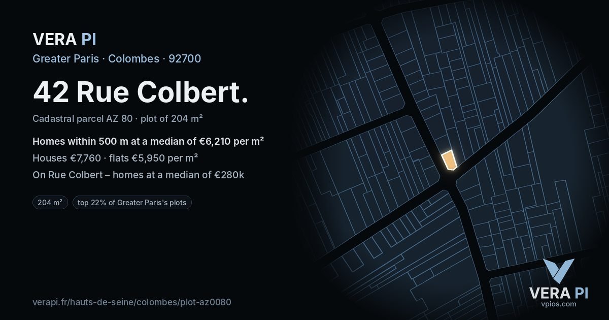 42 Rue Colbert, Colombes at night – the plot lit, the parcels around coloured by the prices near them