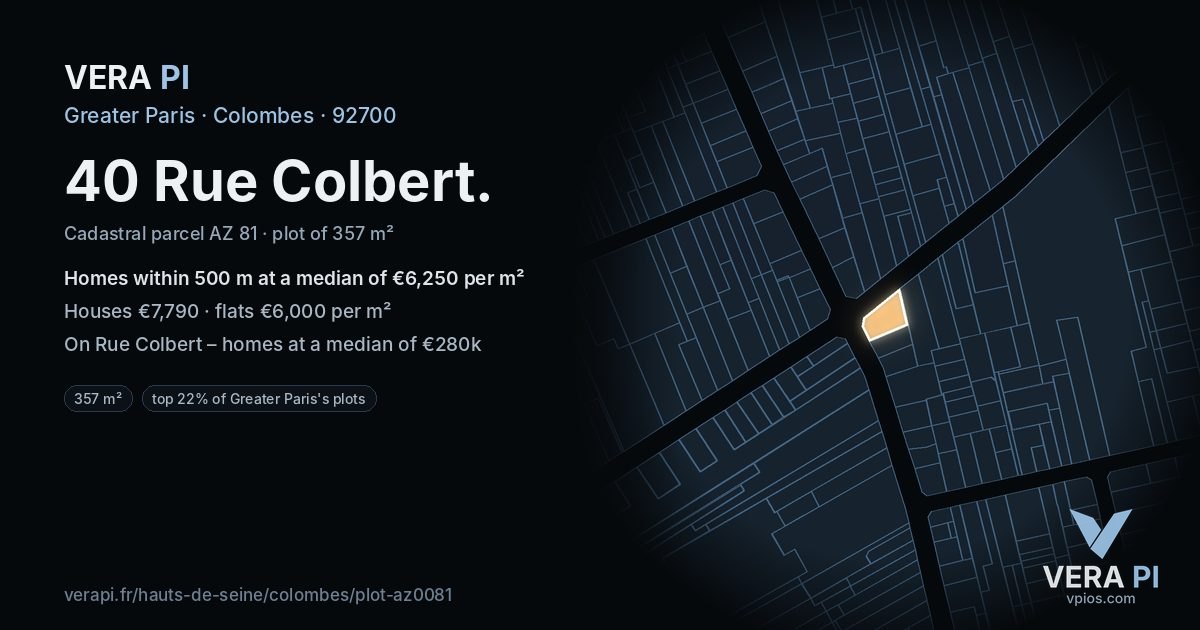 40 Rue Colbert, Colombes at night – the plot lit, the parcels around coloured by the prices near them