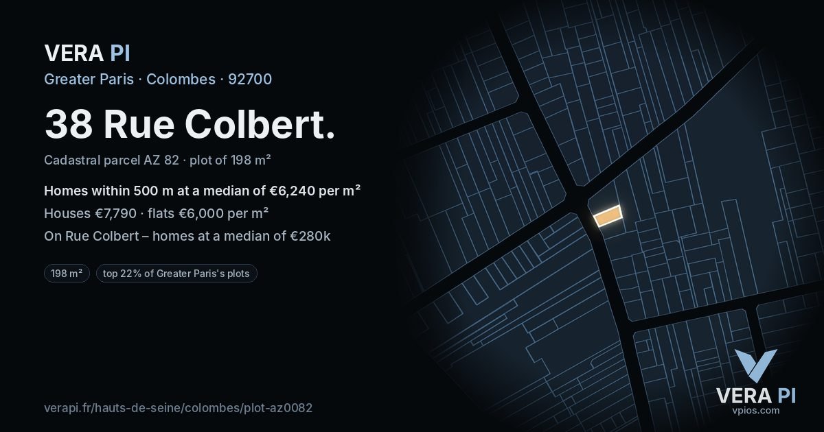 38 Rue Colbert, Colombes at night – the plot lit, the parcels around coloured by the prices near them