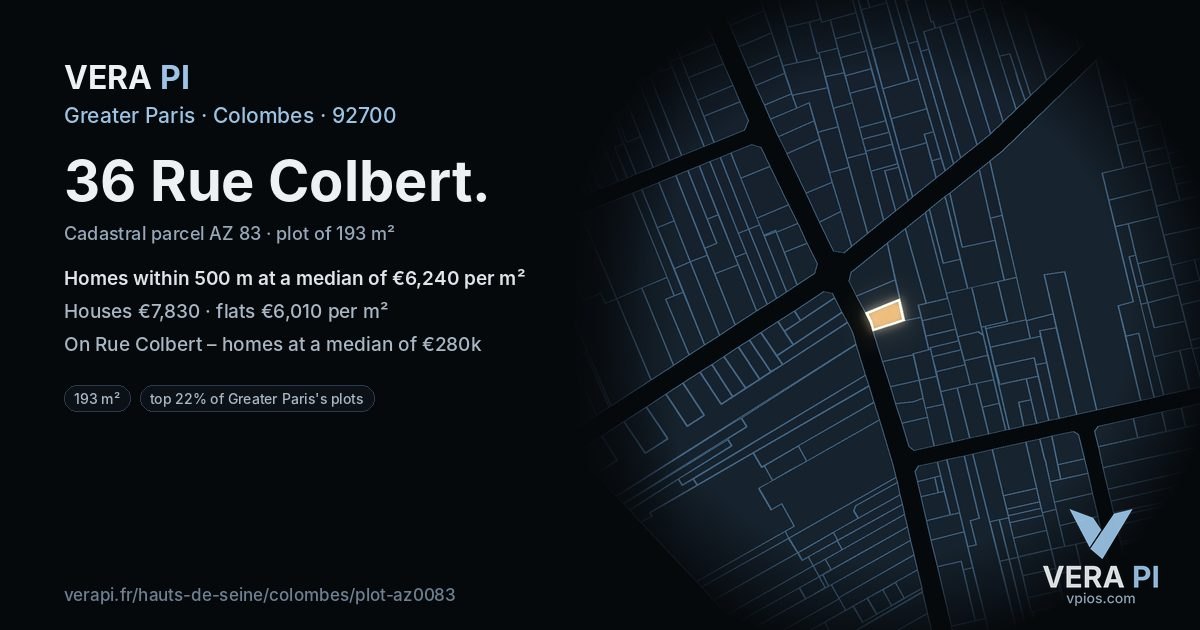 36 Rue Colbert, Colombes at night – the plot lit, the parcels around coloured by the prices near them