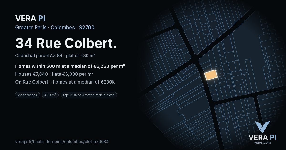 34 Rue Colbert, Colombes at night – the plot lit, the parcels around coloured by the prices near them