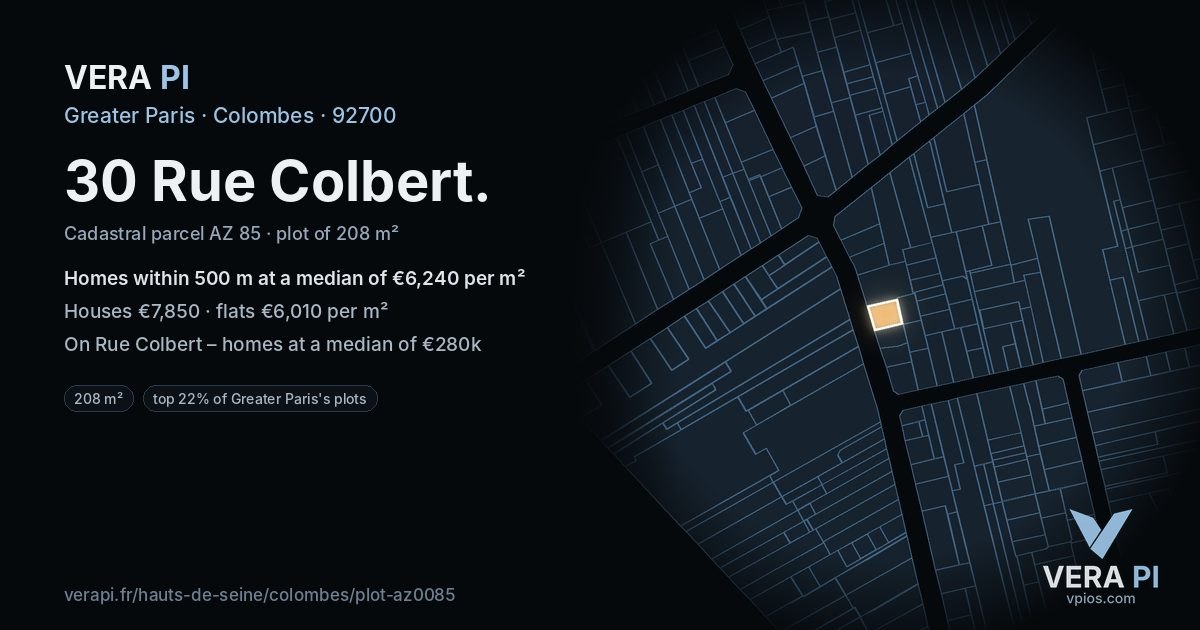 30 Rue Colbert, Colombes at night – the plot lit, the parcels around coloured by the prices near them