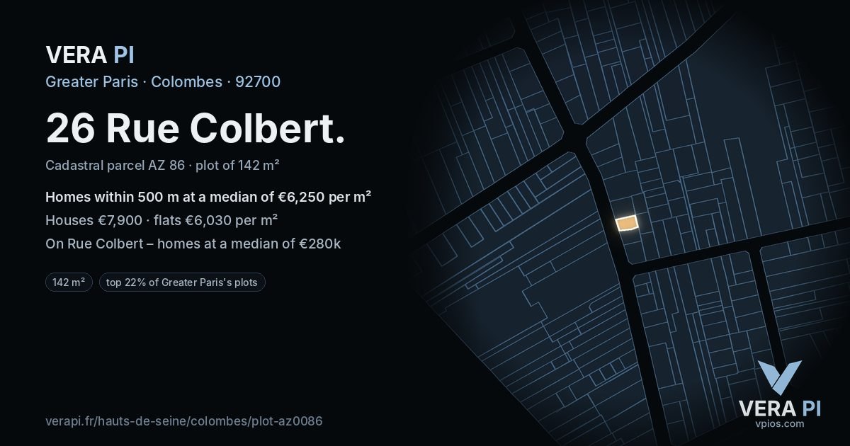 26 Rue Colbert, Colombes at night – the plot lit, the parcels around coloured by the prices near them