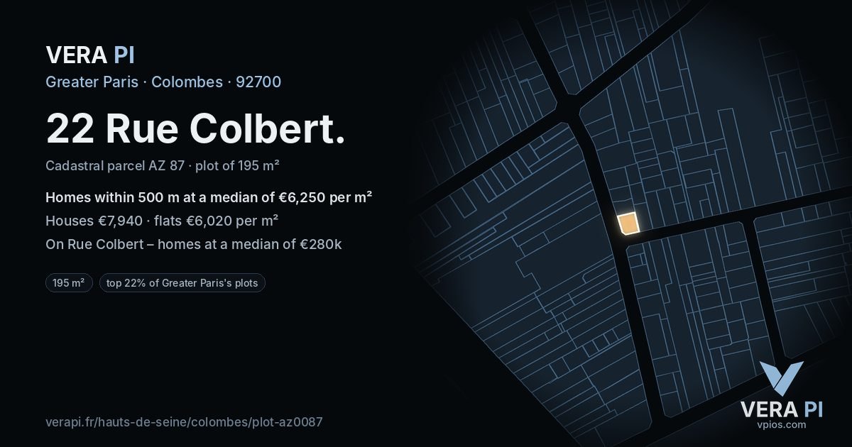 22 Rue Colbert, Colombes at night – the plot lit, the parcels around coloured by the prices near them