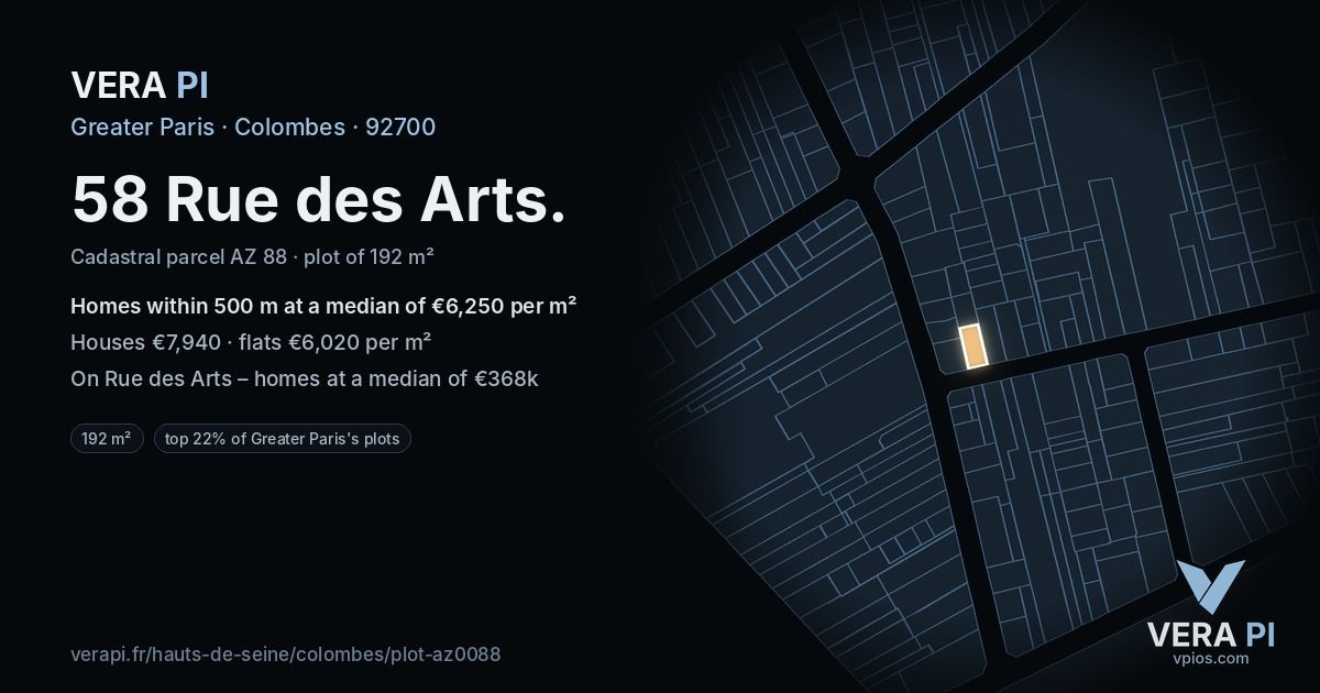 58 Rue des Arts, Colombes at night – the plot lit, the parcels around coloured by the prices near them