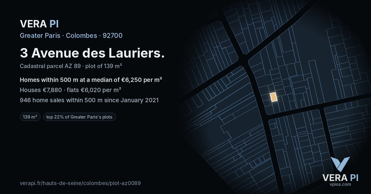 3 Avenue des Lauriers, Colombes at night – the plot lit, the parcels around coloured by the prices near them