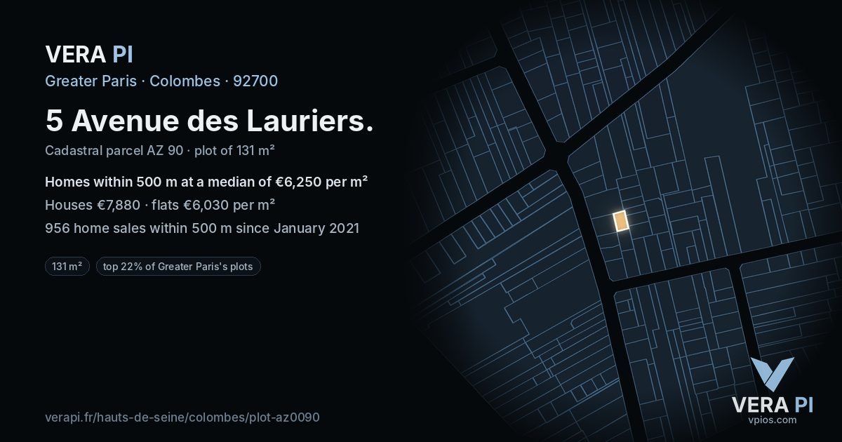 5 Avenue des Lauriers, Colombes at night – the plot lit, the parcels around coloured by the prices near them