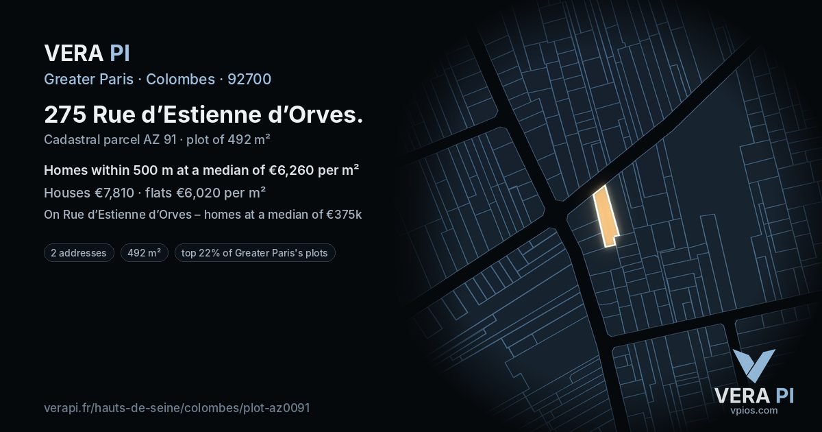 275 Rue d’Estienne d’Orves, Colombes at night – the plot lit, the parcels around coloured by the prices near them