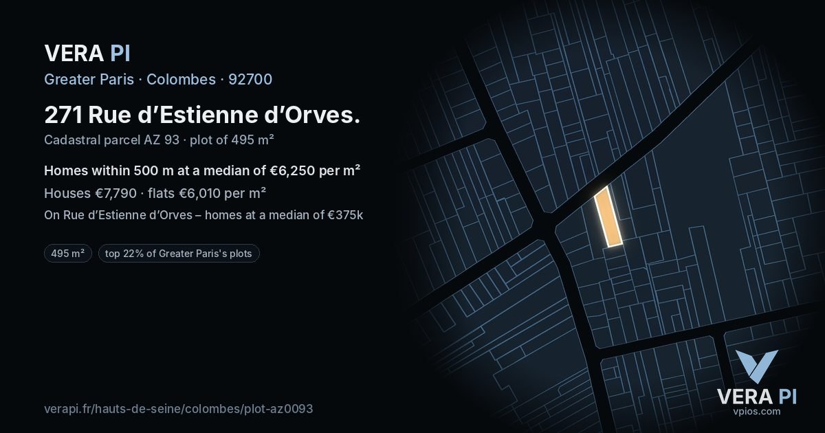 271 Rue d’Estienne d’Orves, Colombes at night – the plot lit, the parcels around coloured by the prices near them