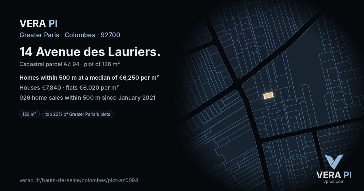14 Avenue des Lauriers, Colombes at night – the plot lit, the parcels around coloured by the prices near them