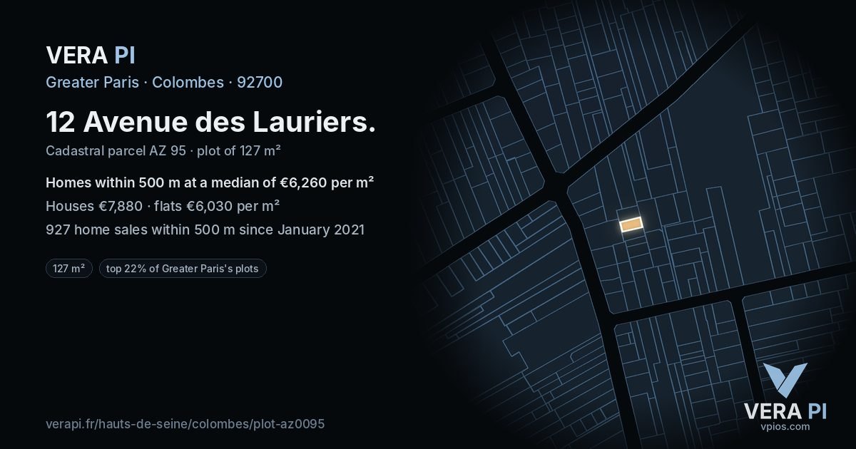 12 Avenue des Lauriers, Colombes at night – the plot lit, the parcels around coloured by the prices near them