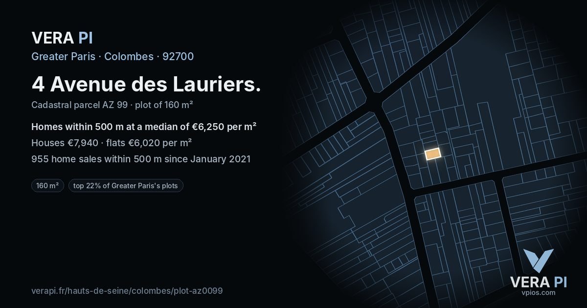 4 Avenue des Lauriers, Colombes at night – the plot lit, the parcels around coloured by the prices near them
