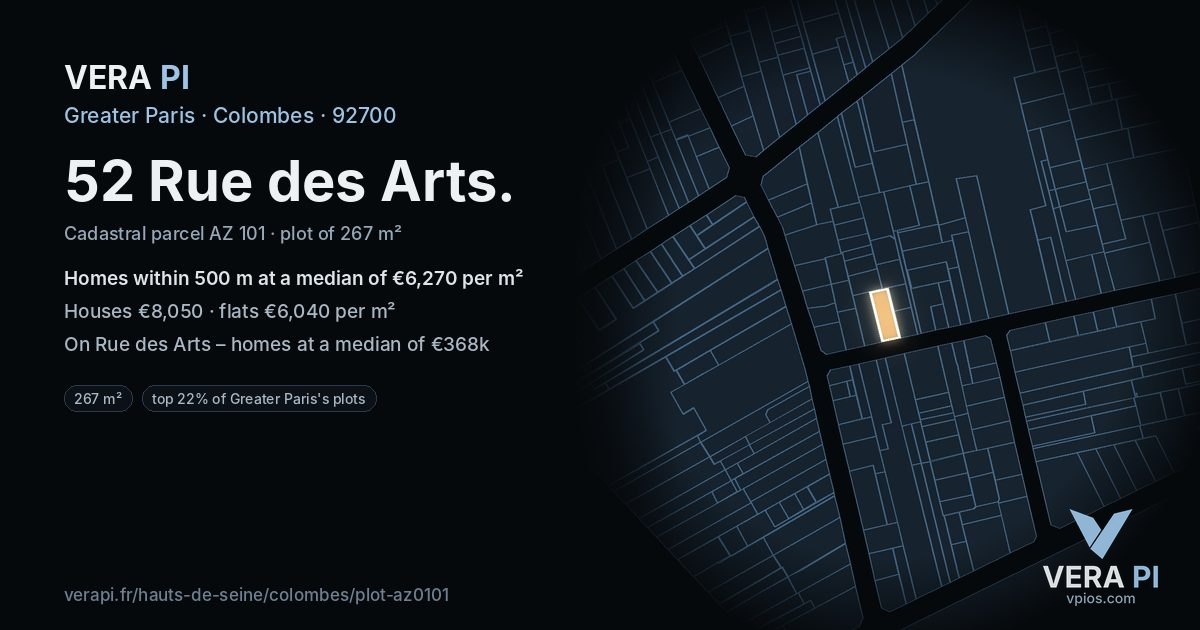 52 Rue des Arts, Colombes at night – the plot lit, the parcels around coloured by the prices near them