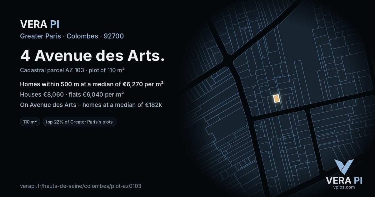 4 Avenue des Arts, Colombes at night – the plot lit, the parcels around coloured by the prices near them