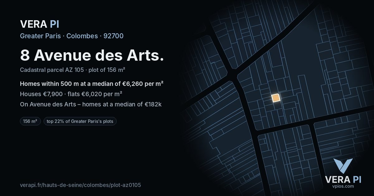 8 Avenue des Arts, Colombes at night – the plot lit, the parcels around coloured by the prices near them