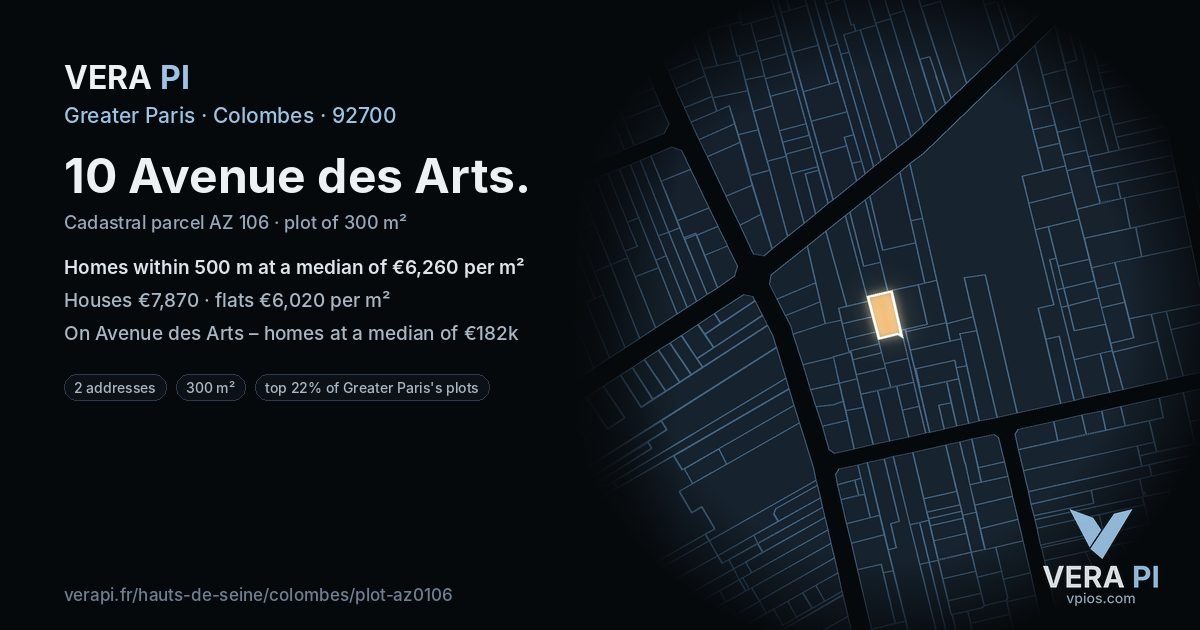 10 Avenue des Arts, Colombes at night – the plot lit, the parcels around coloured by the prices near them