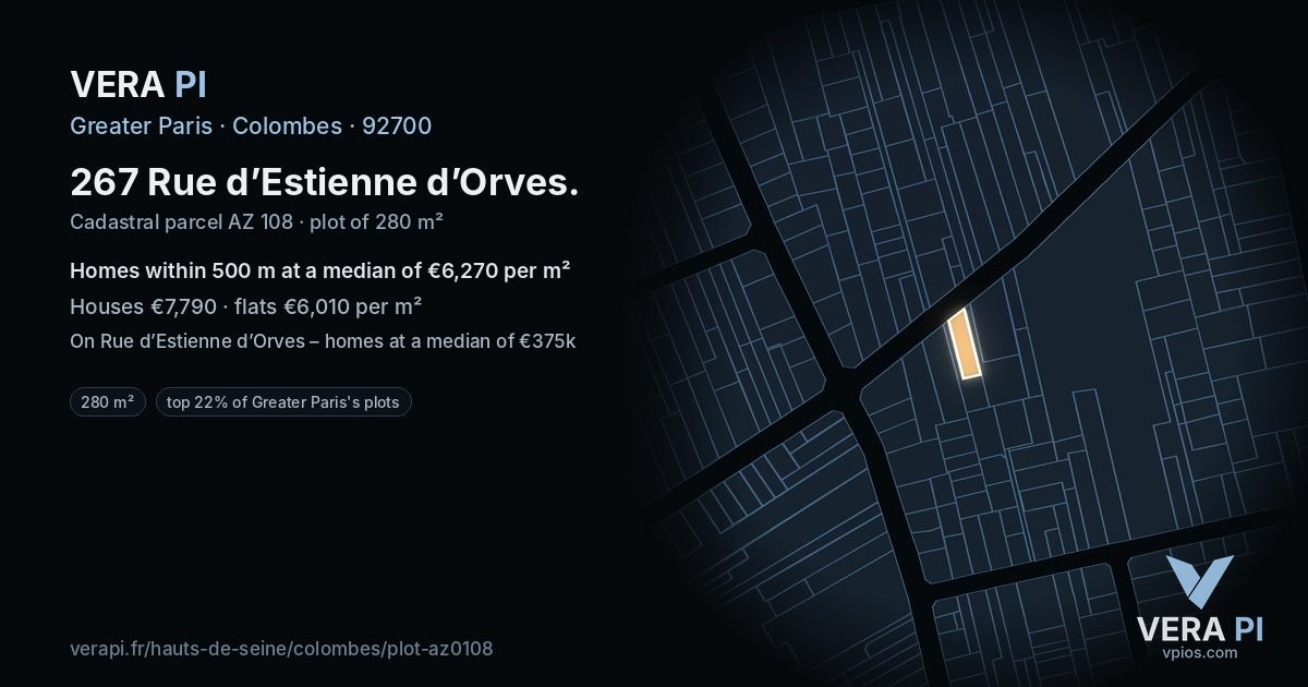 267 Rue d’Estienne d’Orves, Colombes at night – the plot lit, the parcels around coloured by the prices near them