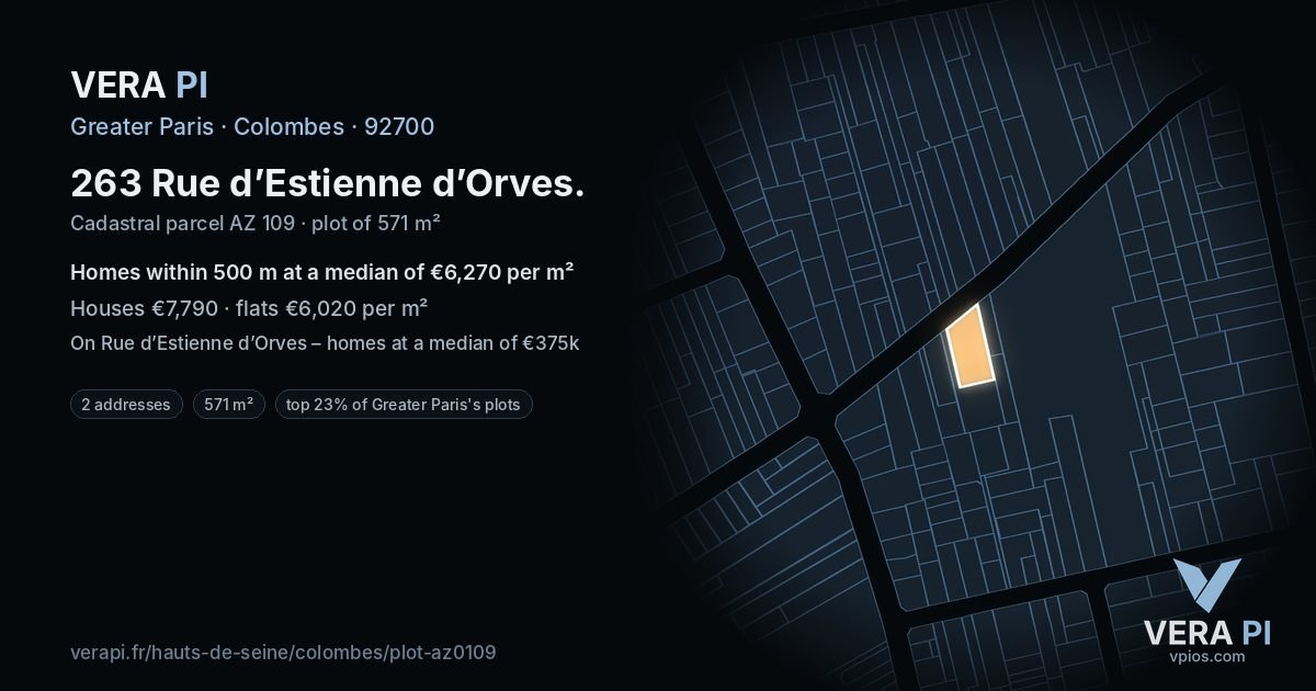 263 Rue d’Estienne d’Orves, Colombes at night – the plot lit, the parcels around coloured by the prices near them