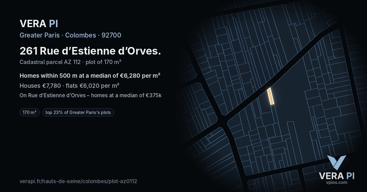 261 Rue d’Estienne d’Orves, Colombes at night – the plot lit, the parcels around coloured by the prices near them