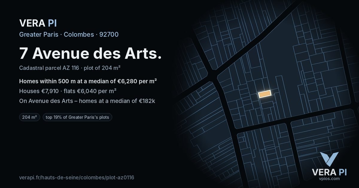 7 Avenue des Arts, Colombes at night – the plot lit, the parcels around coloured by the prices near them