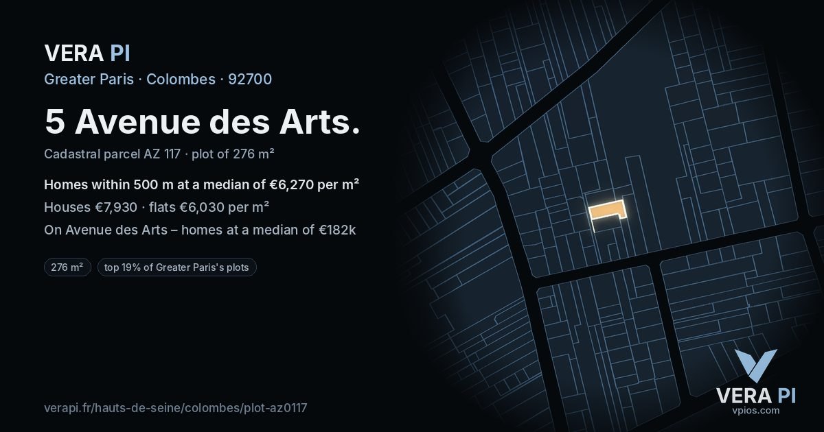 5 Avenue des Arts, Colombes at night – the plot lit, the parcels around coloured by the prices near them