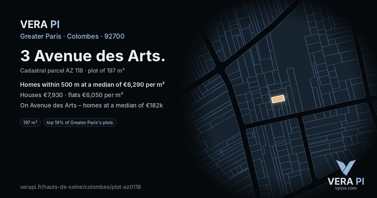 3 Avenue des Arts, Colombes at night – the plot lit, the parcels around coloured by the prices near them